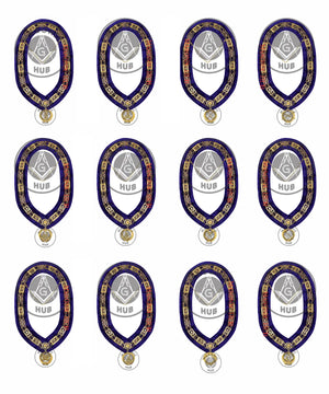 Grand Lodge Officer Aprons Set of 12 – Freemason Lambskin Regalia with Gold Bullion Hand Embroidery, Chain Collars, Jewels & Cuffs Masonic Hub