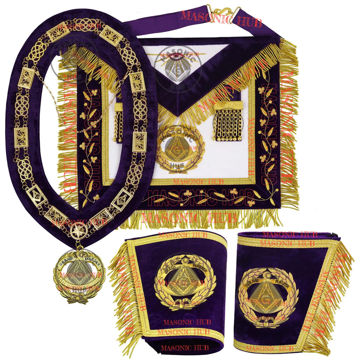 Masonic Grand Master Apron Set – Sheepskin Leather, Gold Bullion Embroidery + Chain Collar, Jewel & Gauntlet Cuffs Masonic Hub