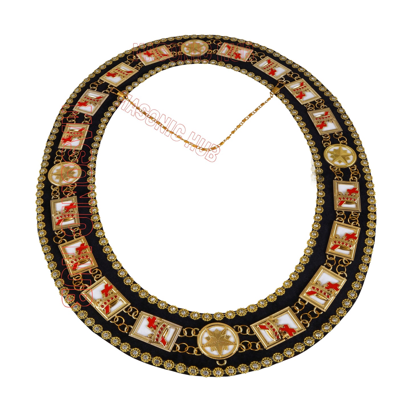 MASONIC KNIGHT TEMPLAR CHAIN COLLAR RHINESTONES + WHITE SHEET - GOLD DELUXE
