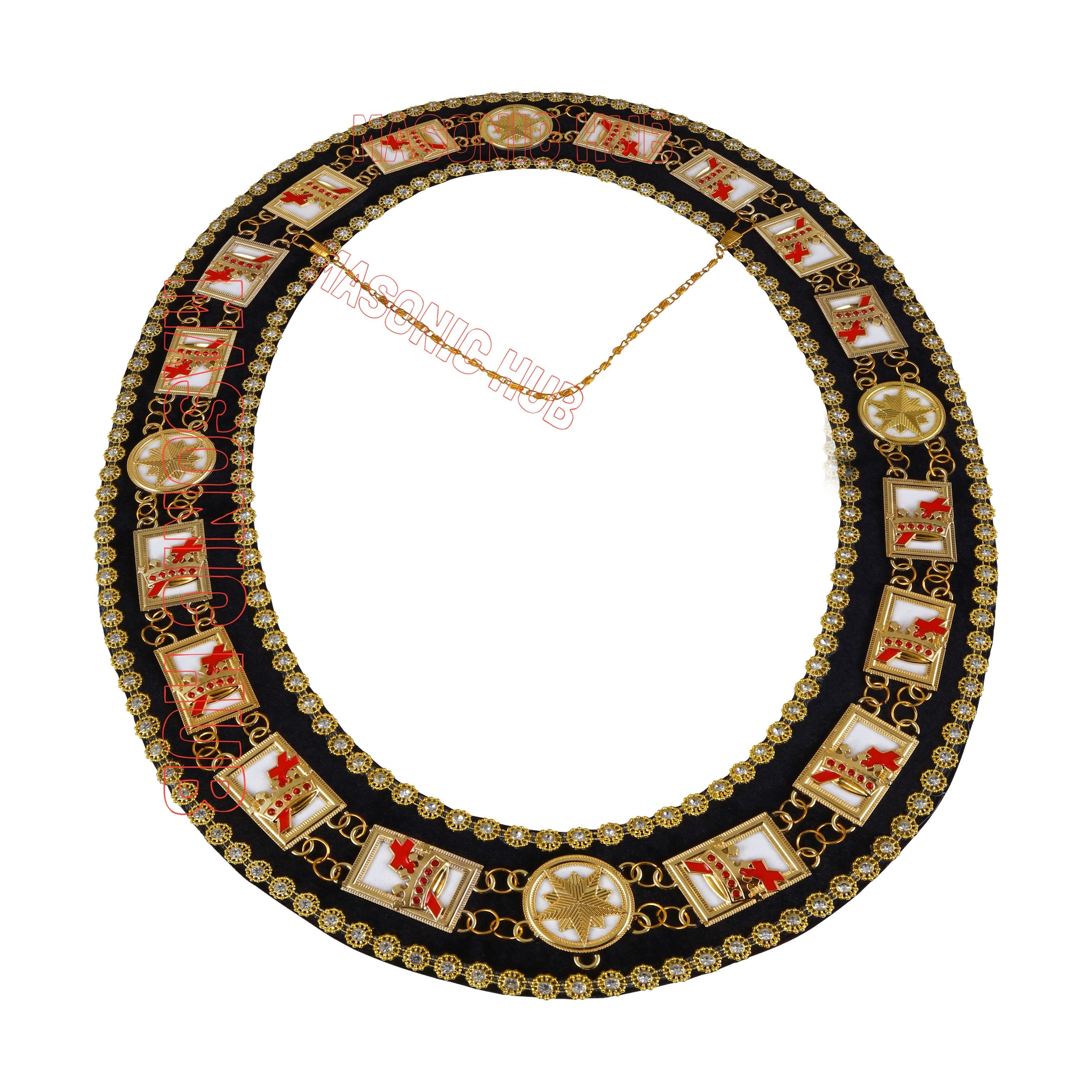MASONIC KNIGHT TEMPLAR CHAIN COLLAR RHINESTONES + WHITE SHEET - GOLD DELUXE Masonic Hub