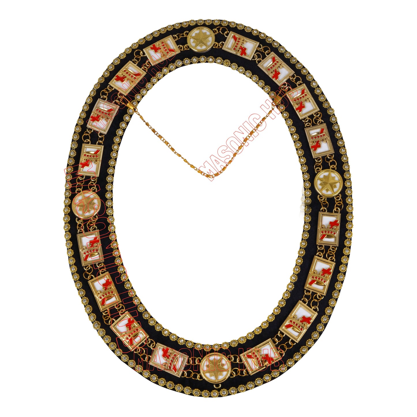 MASONIC KNIGHT TEMPLAR CHAIN COLLAR RHINESTONES + WHITE SHEET - GOLD DELUXE