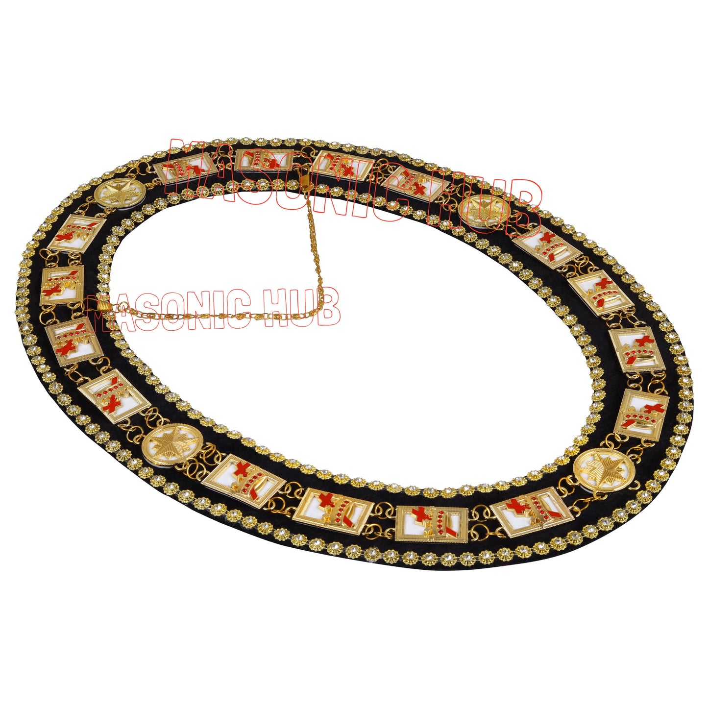 MASONIC KNIGHT TEMPLAR CHAIN COLLAR RHINESTONES + WHITE SHEET - GOLD DELUXE