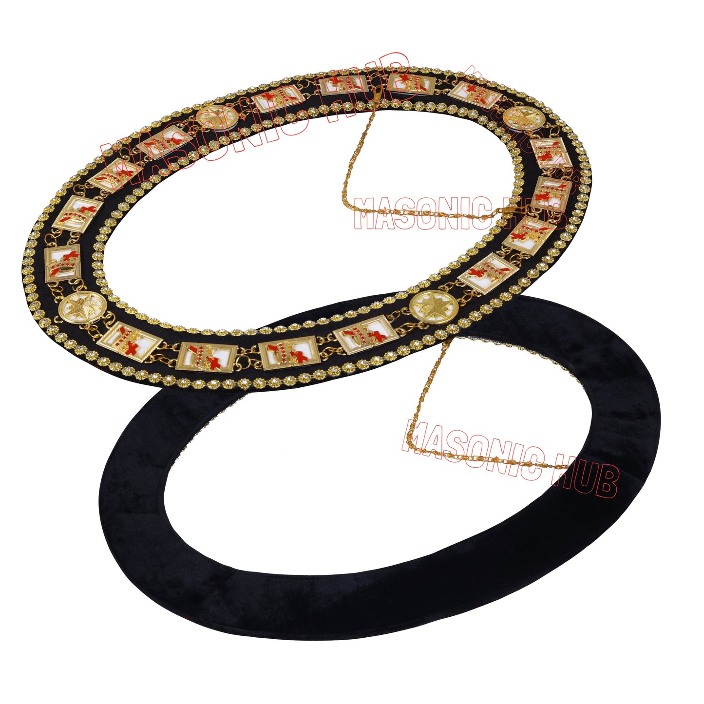 MASONIC KNIGHT TEMPLAR CHAIN COLLAR RHINESTONES + WHITE SHEET - GOLD DELUXE