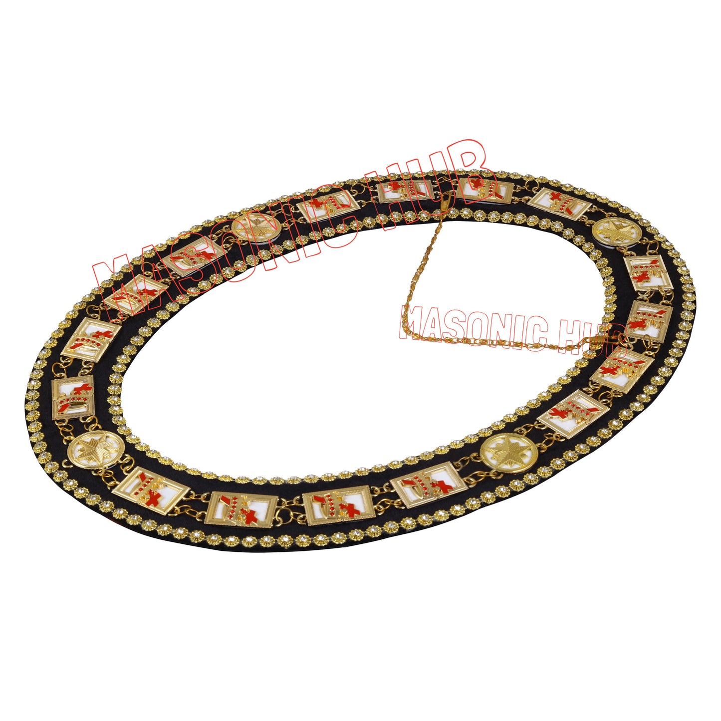 MASONIC KNIGHT TEMPLAR CHAIN COLLAR RHINESTONES + WHITE SHEET - GOLD DELUXE