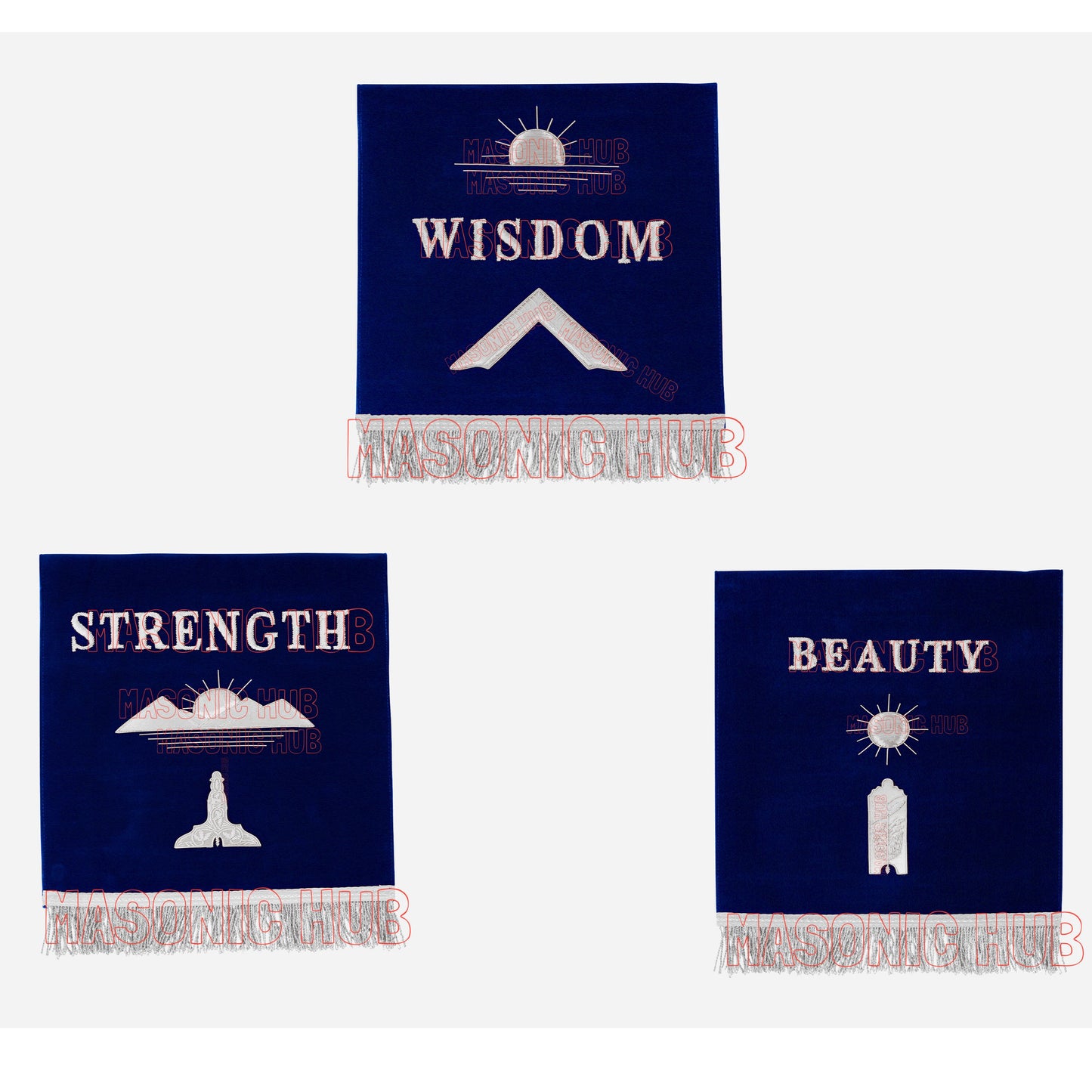 Handcrafted Masonic Blue Lodge Pedestal Covers – Silver Embroidery (Set of 3)