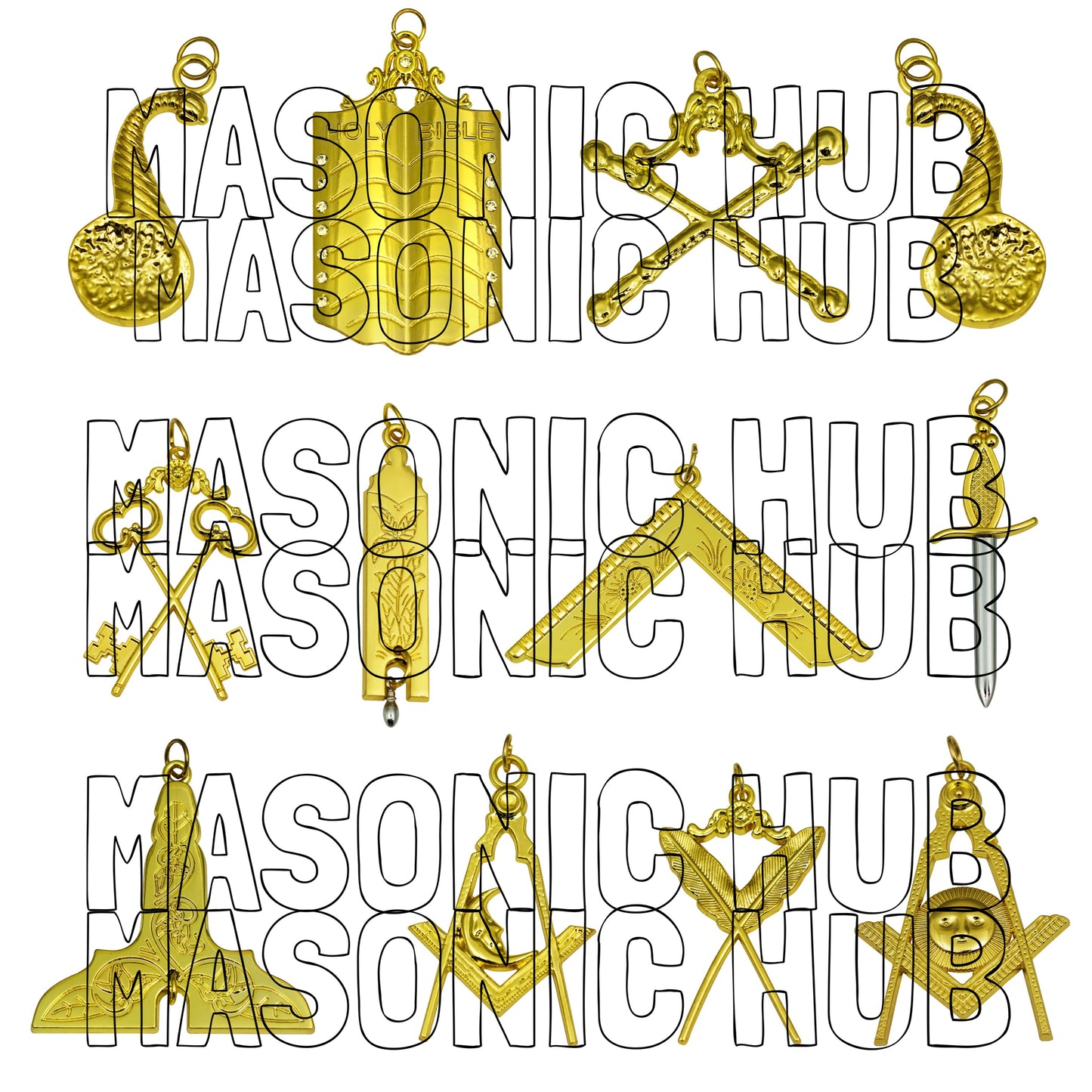 Masonic Regalia Blue Lodge Officer Aprons & Chain Collars with Jewels – Set of 12
