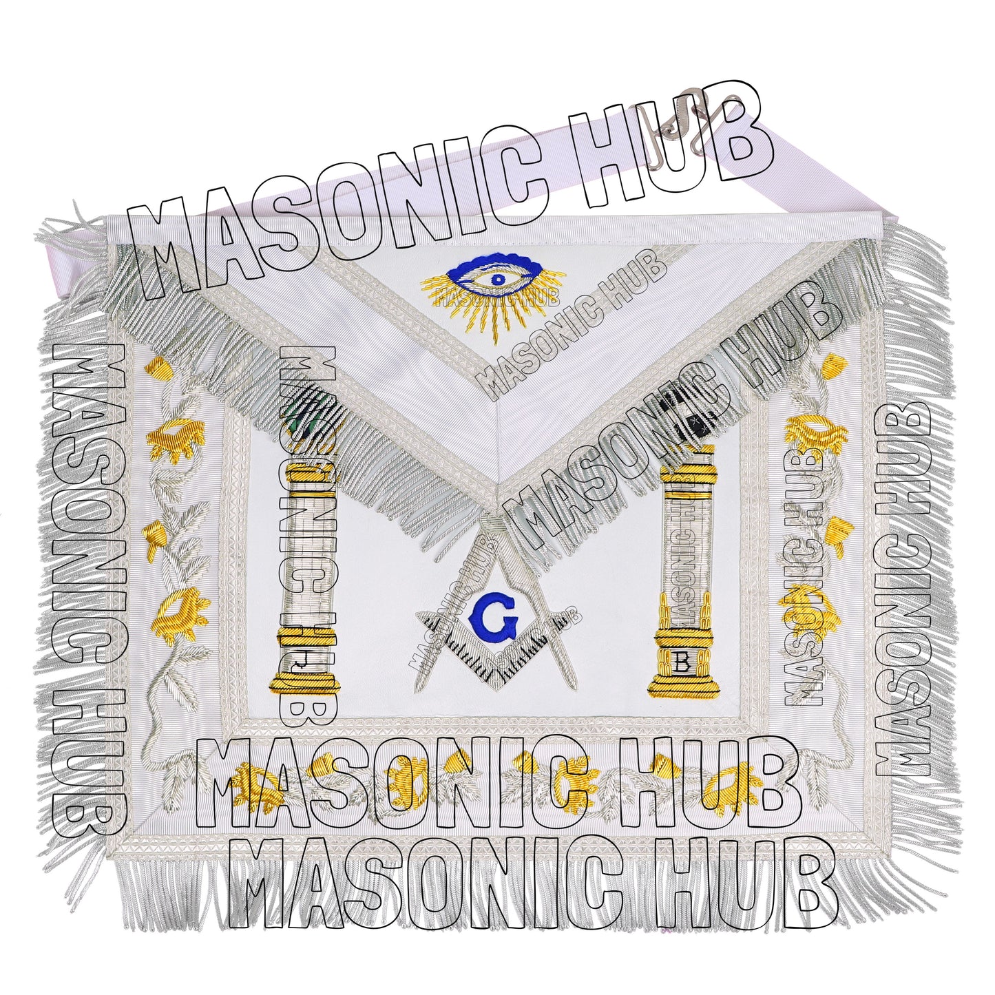 EXQUISITE MASONIC REGALIA MASTER MASON SHEEP APRON – ALL WHITE HAND EMBROIDERED