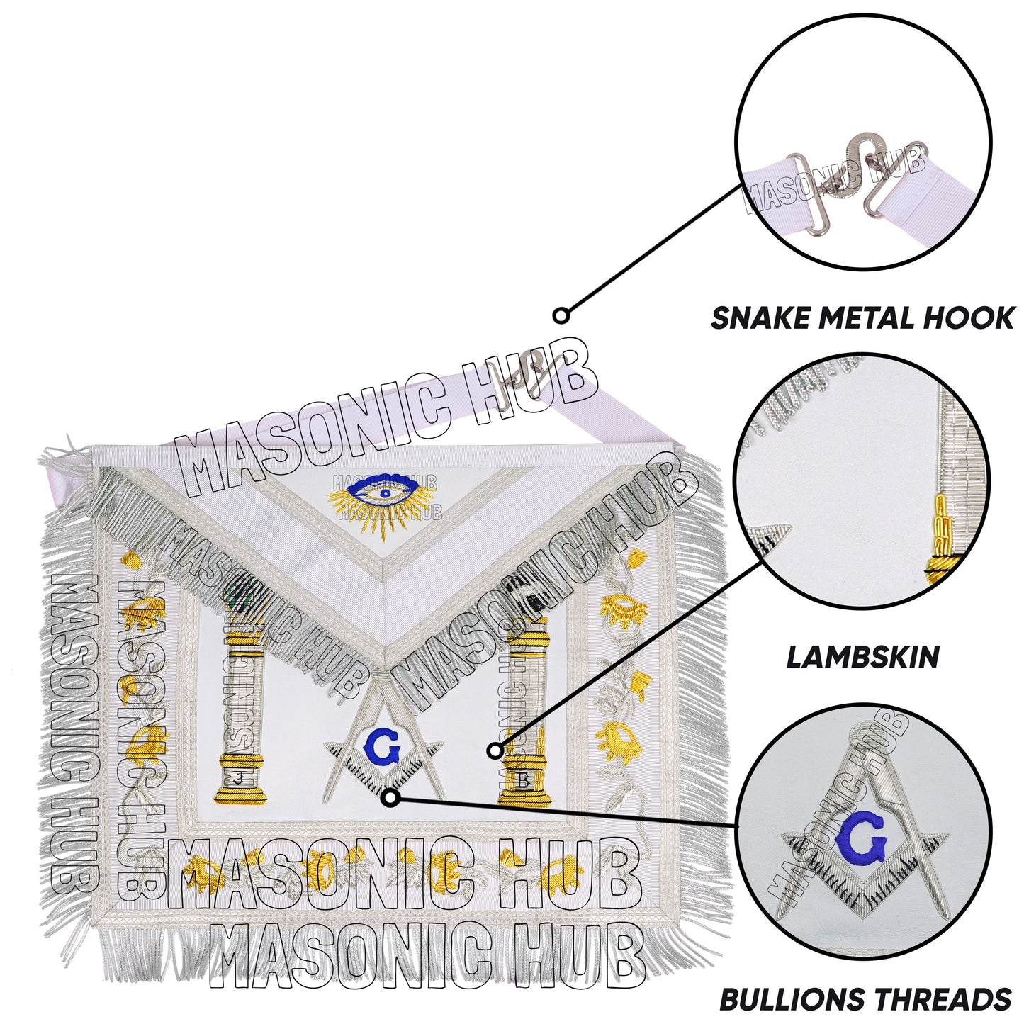 EXQUISITE MASONIC REGALIA MASTER MASON SHEEP APRON – ALL WHITE HAND EMBROIDERED
