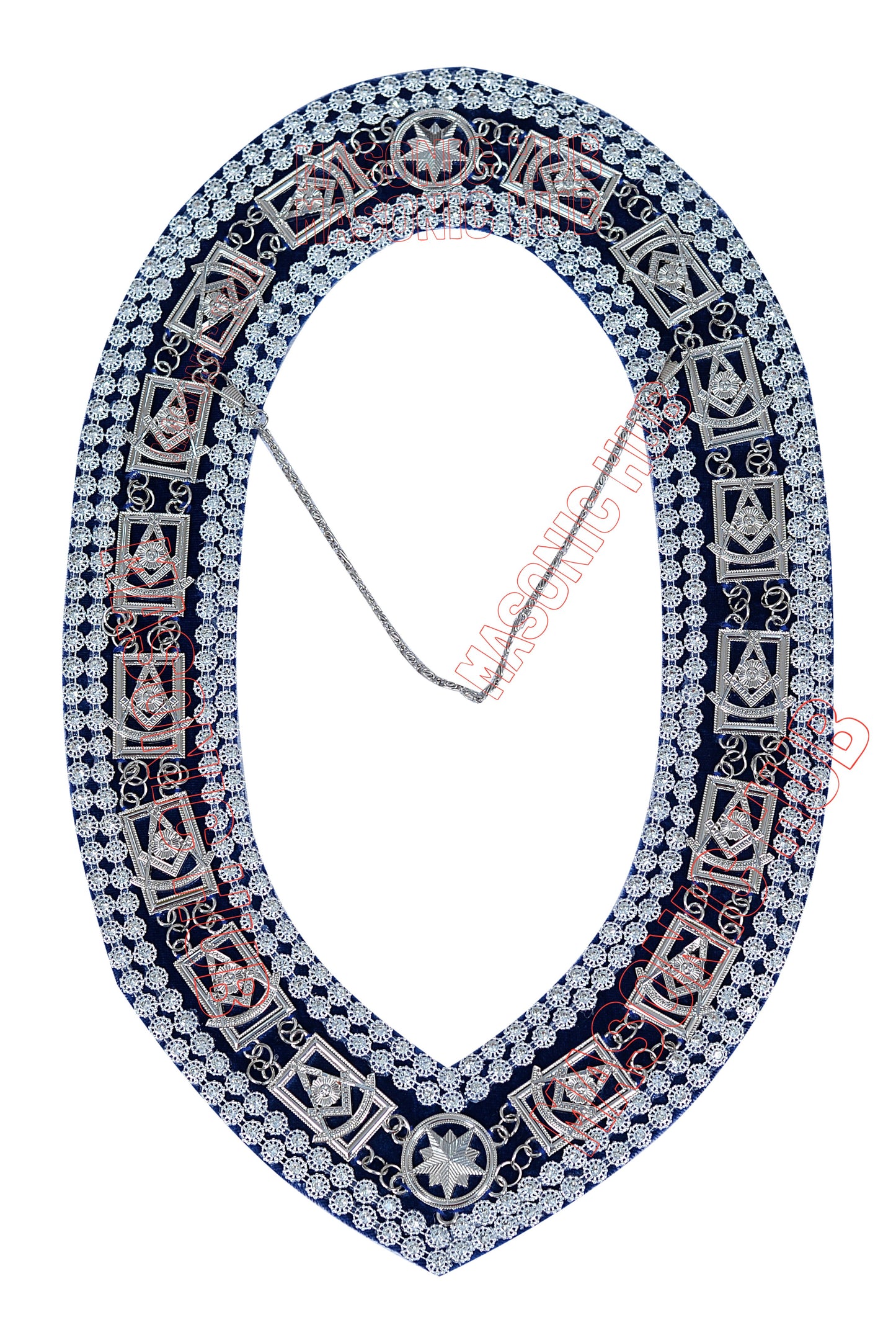 Masonic Past Master Metal Chain Collar – Silver Plated – Blue Velvet Backing – Double Row Rhinestone Trim