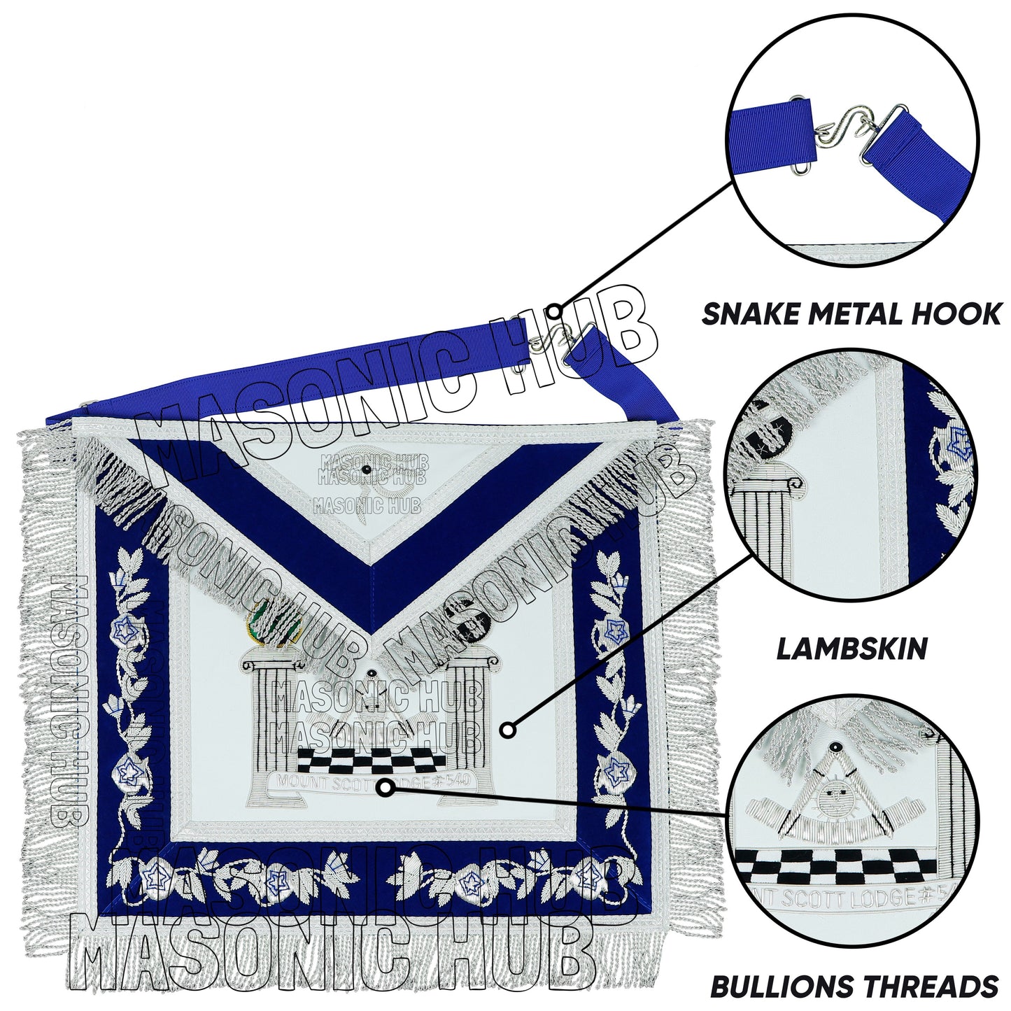 MASONIC REGALIA – CUSTOM PAST MASTER LAMBSKIN APRON (HAND EMBROIDERED, SILVER)