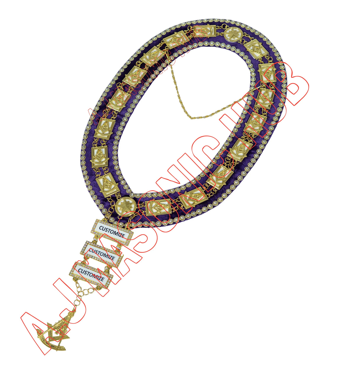 Past Master Masonic Chain Collar with Rhinestone Gold Bars – Gold Plated, Rhinestone Trim, Attached Jewels (White Sheet Backing) Masonic Hub