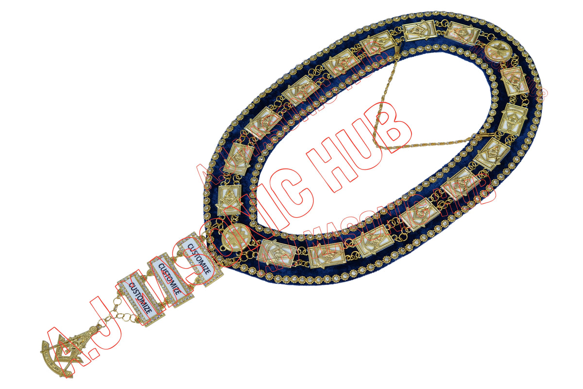 Past Master Masonic Chain Collar Blue Velvet with Rhinestone Gold Bars – Gold Plated, Rhinestone Trim, Attached Jewels (White Sheet Backing) Masonic Hub