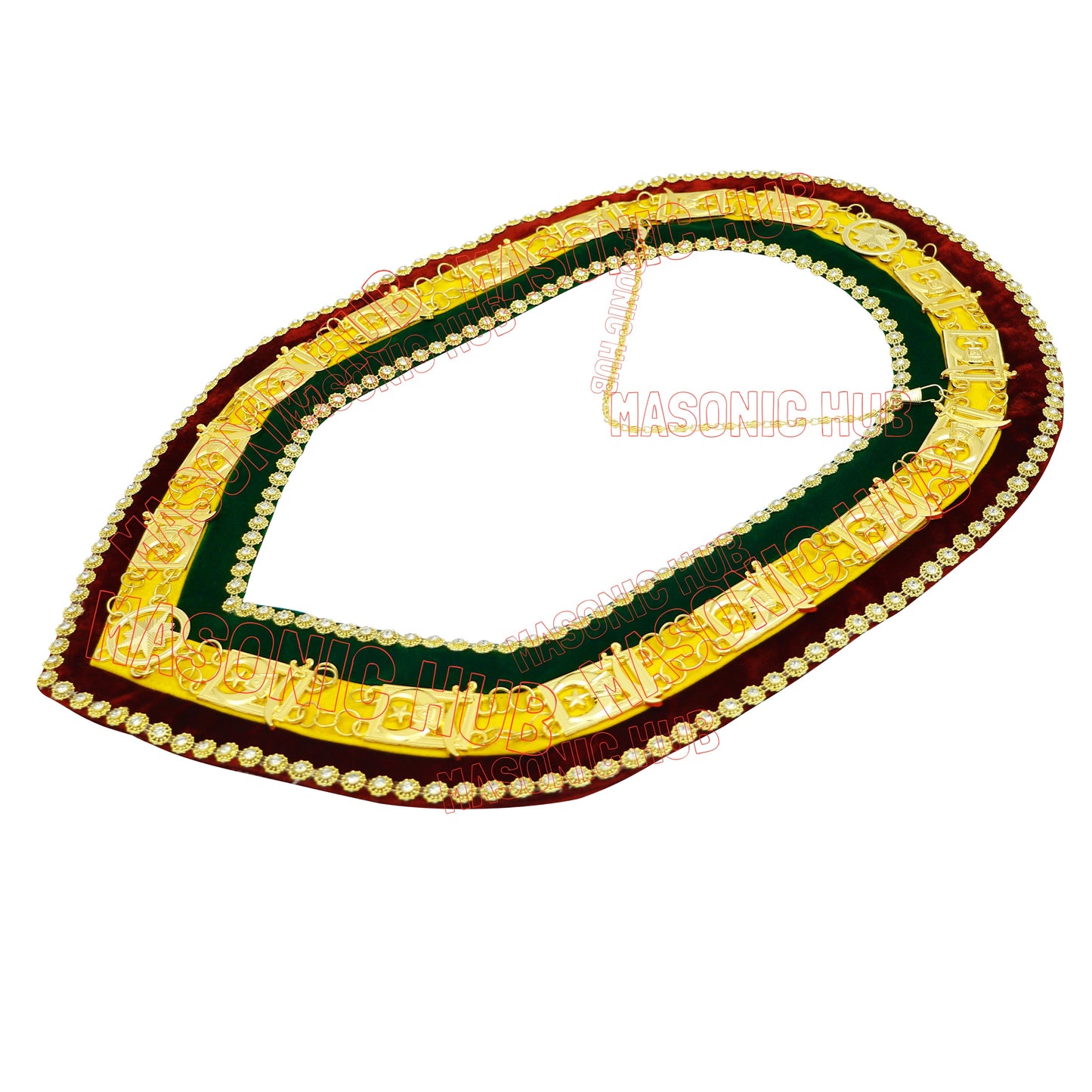Masonic Shriner Tri-Color Deluxe Chain Collar in Red Green & Yellow Rhinestones