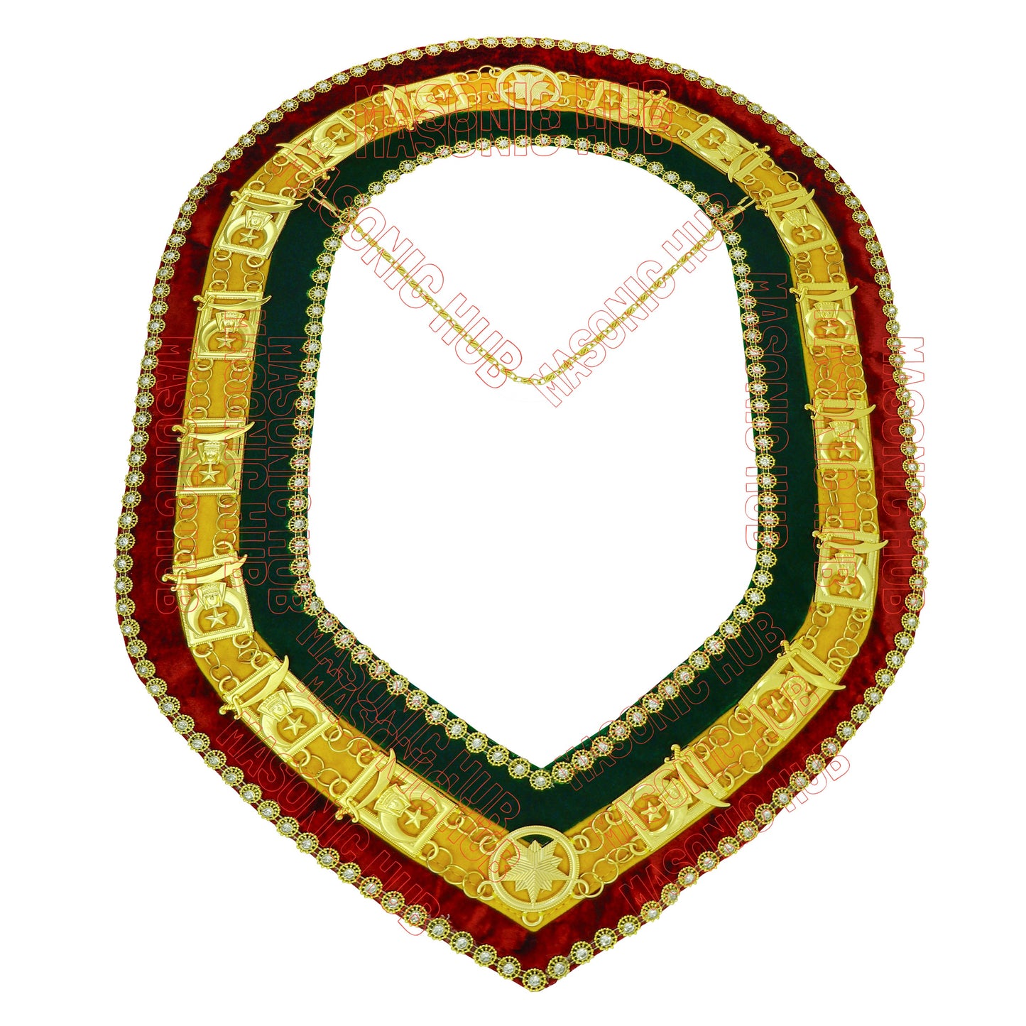 Masonic Shriner Tri-Color Deluxe Chain Collar in Red Green & Yellow Rhinestones