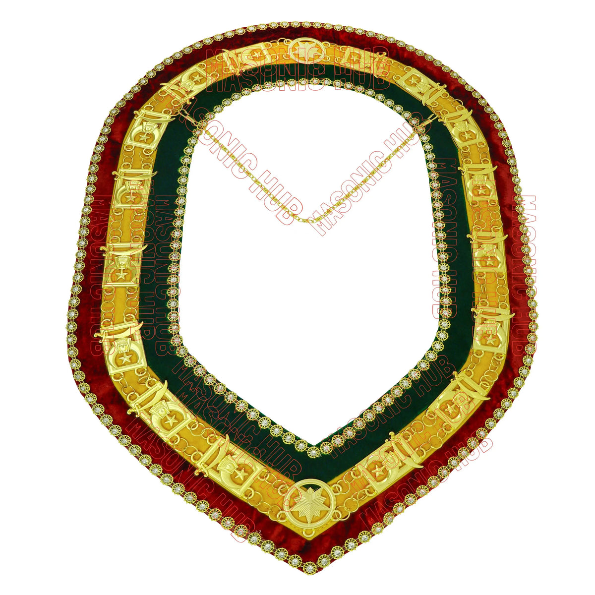 Masonic Shriner Tri-Color Deluxe Chain Collar in Red Green & Yellow Rhinestones Masonic Hub