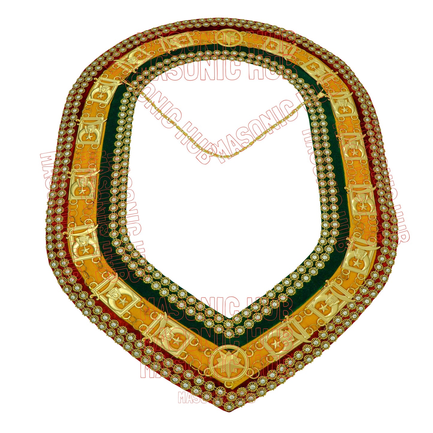 Shriner Tri-Color Chain Collar in Red Green & Yellow Double Row Rhinestones
