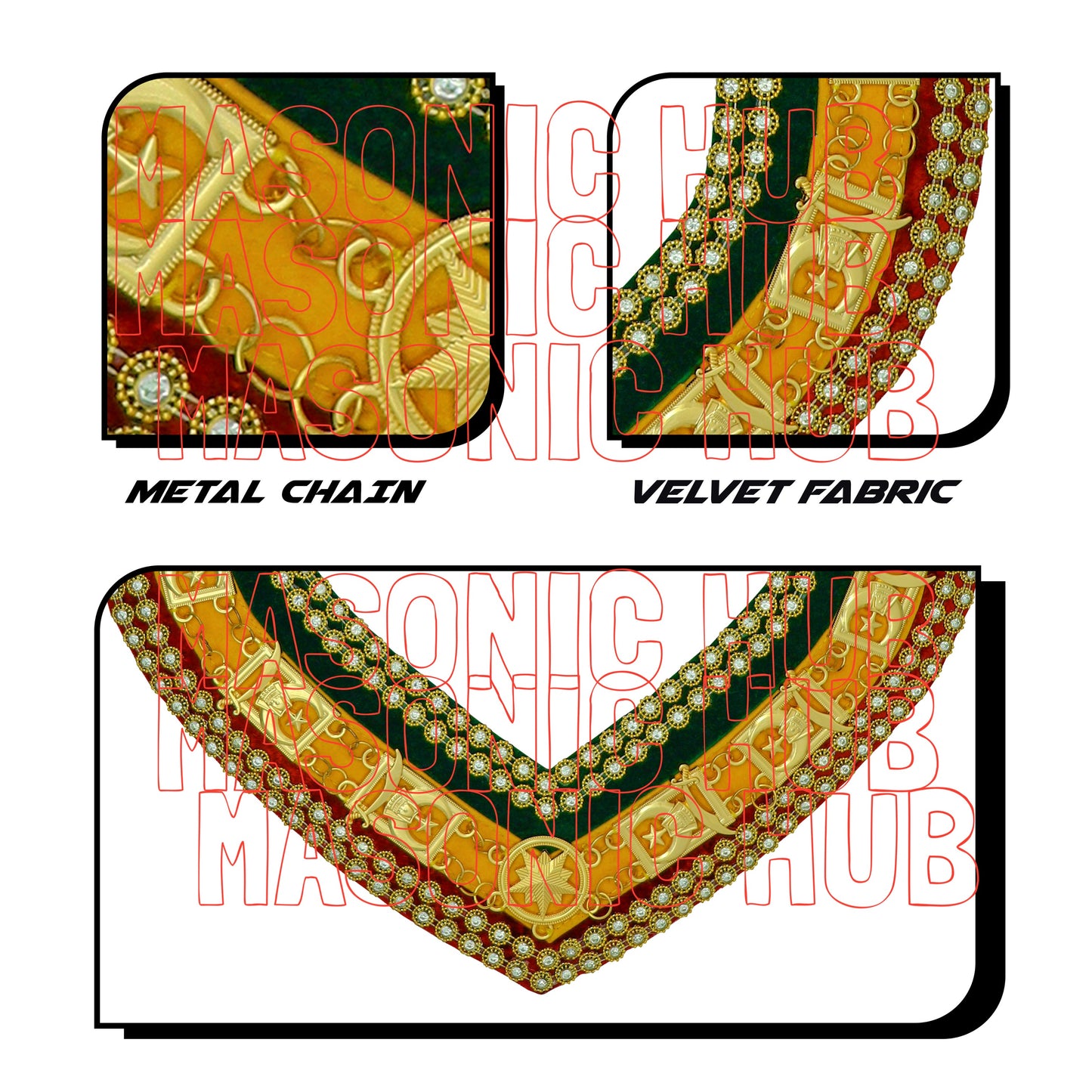 Shriner Tri-Color Chain Collar in Red Green & Yellow Double Row Rhinestones