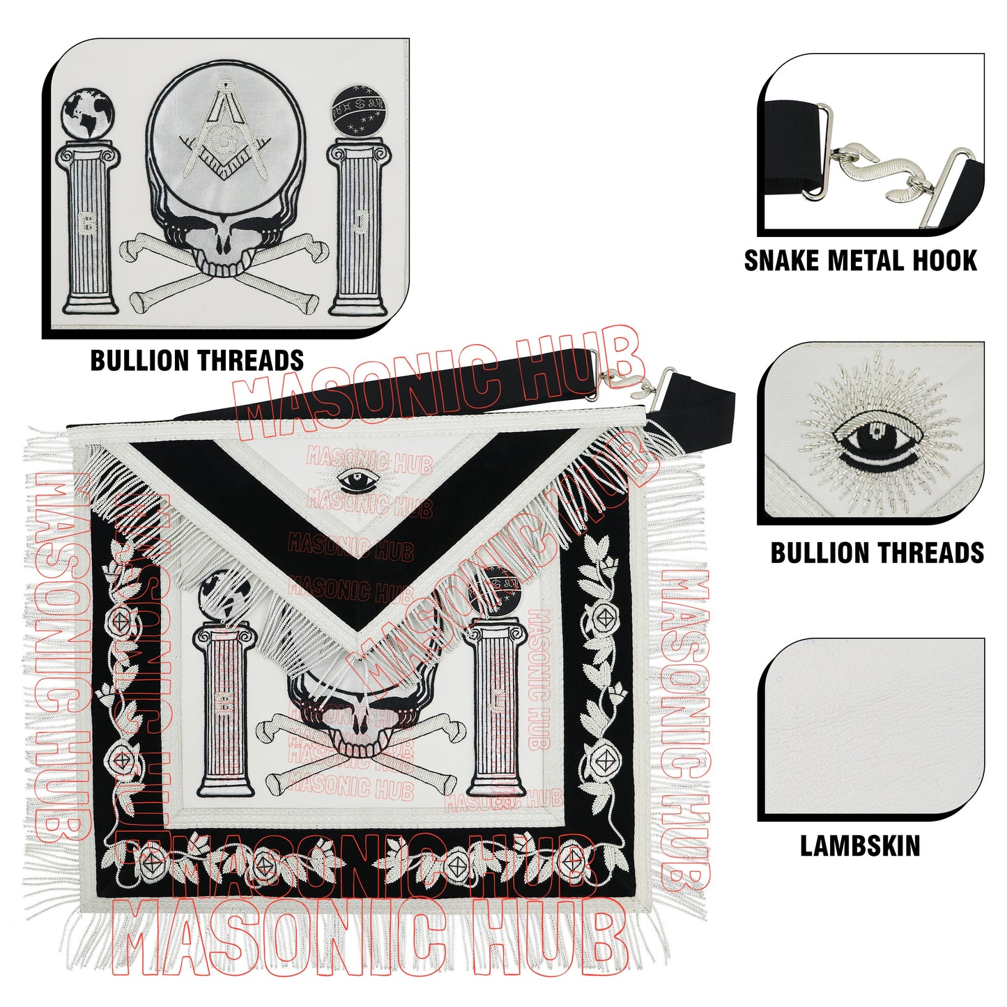 MASONIC HUB Master Mason Skull & Cross Bones 100% Lambskin Masonic Apron - Handcrafted
