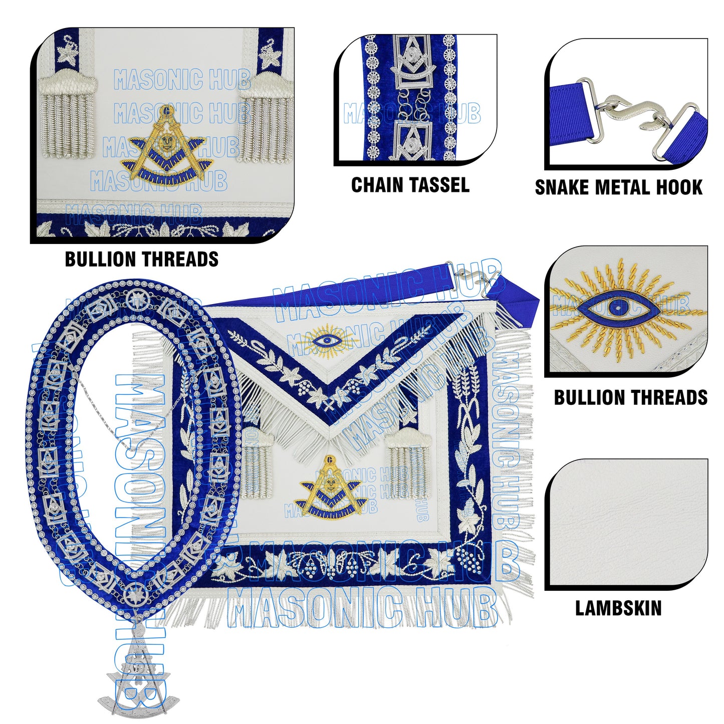 Premium Masonic Past Master Apron – 100% Lambskin with Chain Collar & Free Jewel