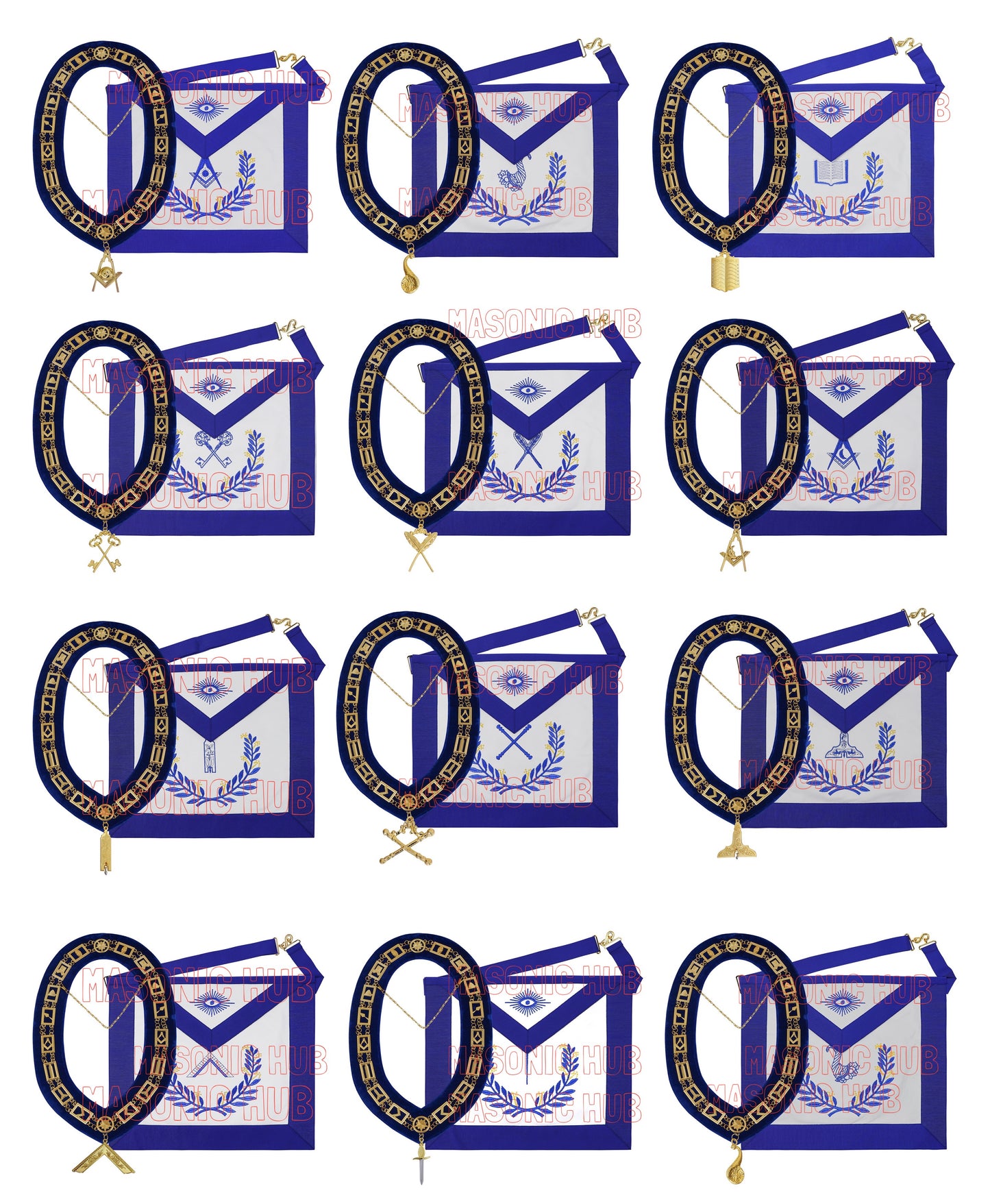 Masonic Regalia Blue Lodge Officer Aprons & Chain Collars with Jewels – Set of 12