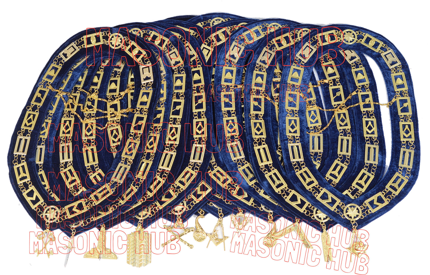 Masonic Regalia Blue Lodge Officer Aprons & Chain Collars with Jewels – Set of 12