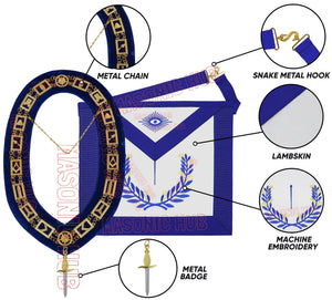 Masonic Regalia Blue Lodge Officer TYLER Apron & Chain Collar with Jewel Masonic Hub