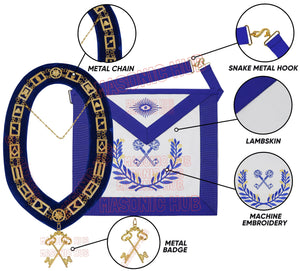 Masonic Regalia Blue Lodge Treasurer Apron & Chain Collar with Jewel Masonic Hub