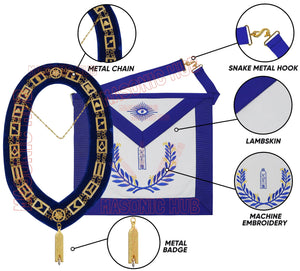 Masonic Regalia Blue Lodge Junior Warden Apron & Chain Collar with Jewel Masonic Hub