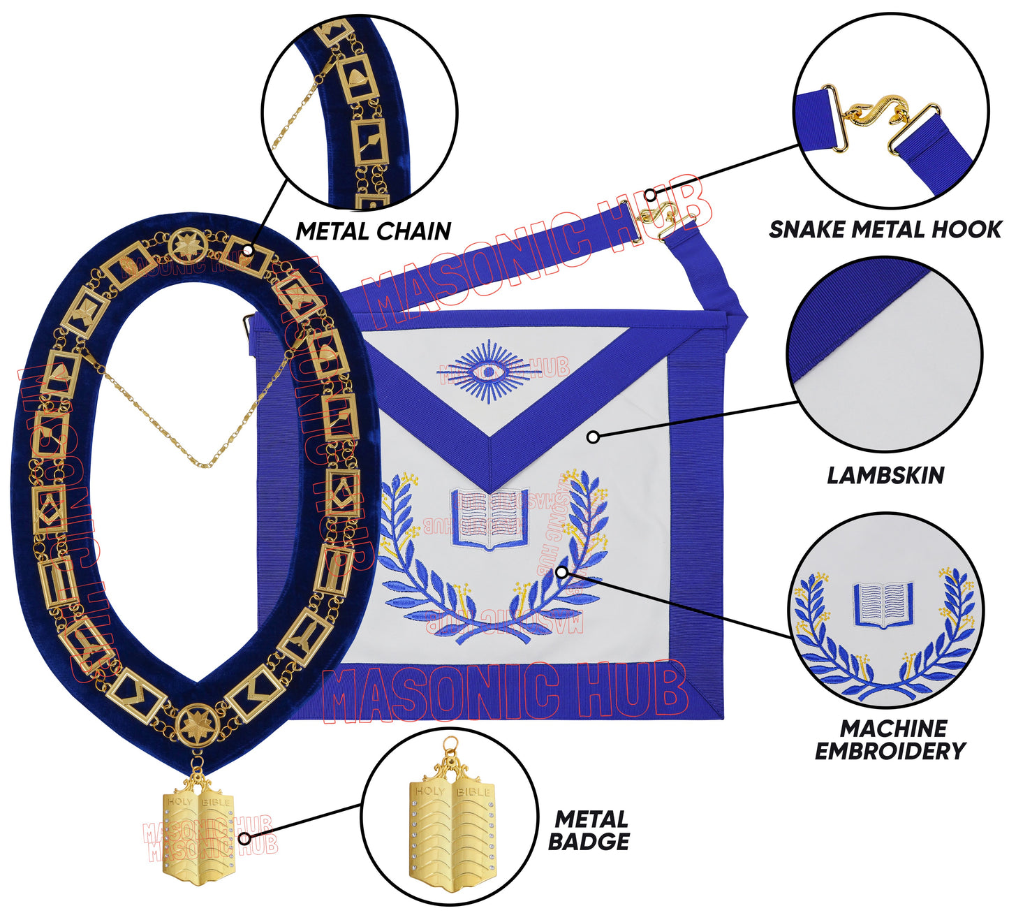 Masonic Regalia Blue Lodge Chaplain Apron & Chain Collar with Free Jewel