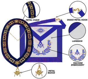 Masonic Regalia Blue Lodge Senior Deacon Apron & Chain Collar with Jewel Masonic Hub