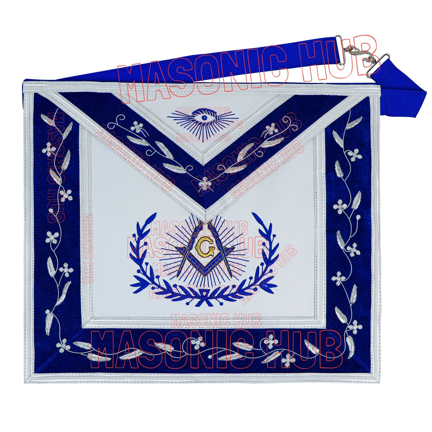 Master Mason Masonic Apron – Hand-Embroidered with Blue & White Border (100% Lambskin)