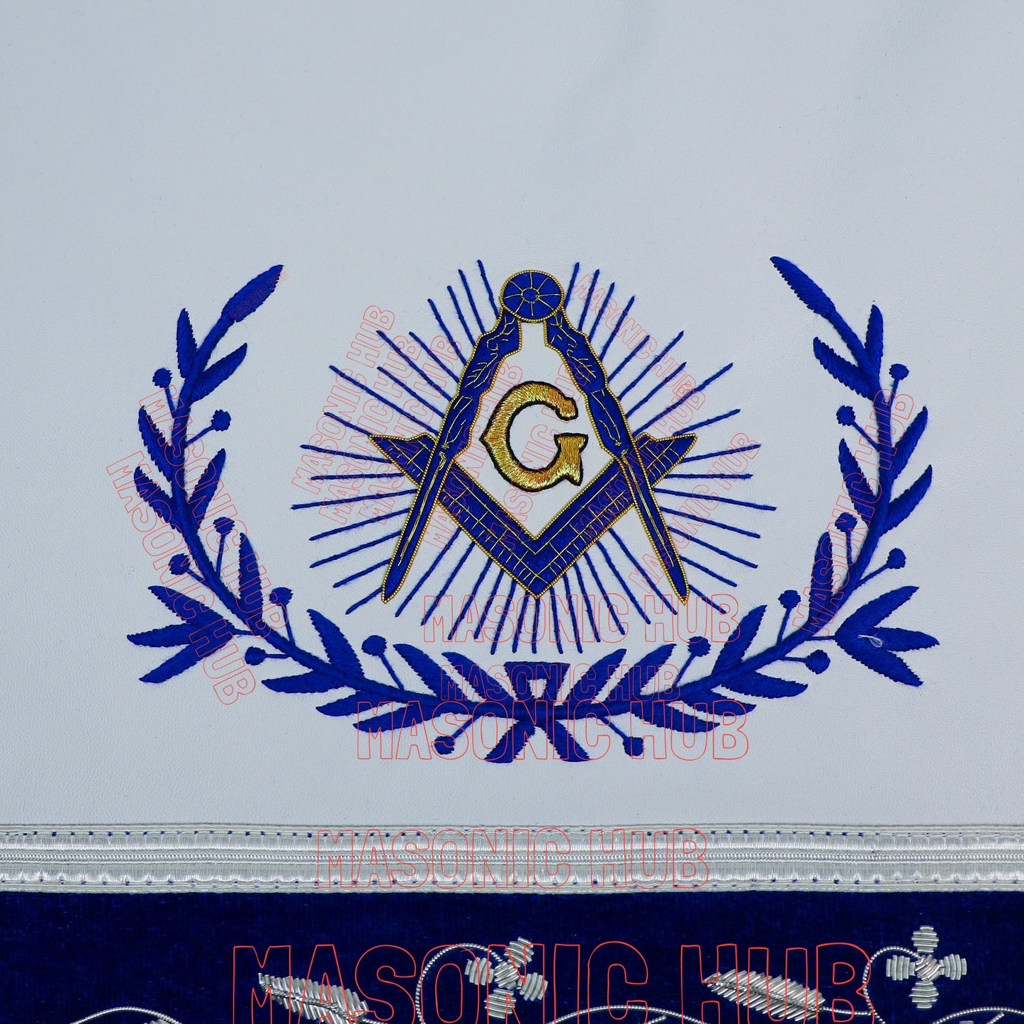 Master Mason Masonic Apron – Hand-Embroidered with Blue & White Border (100% Lambskin)