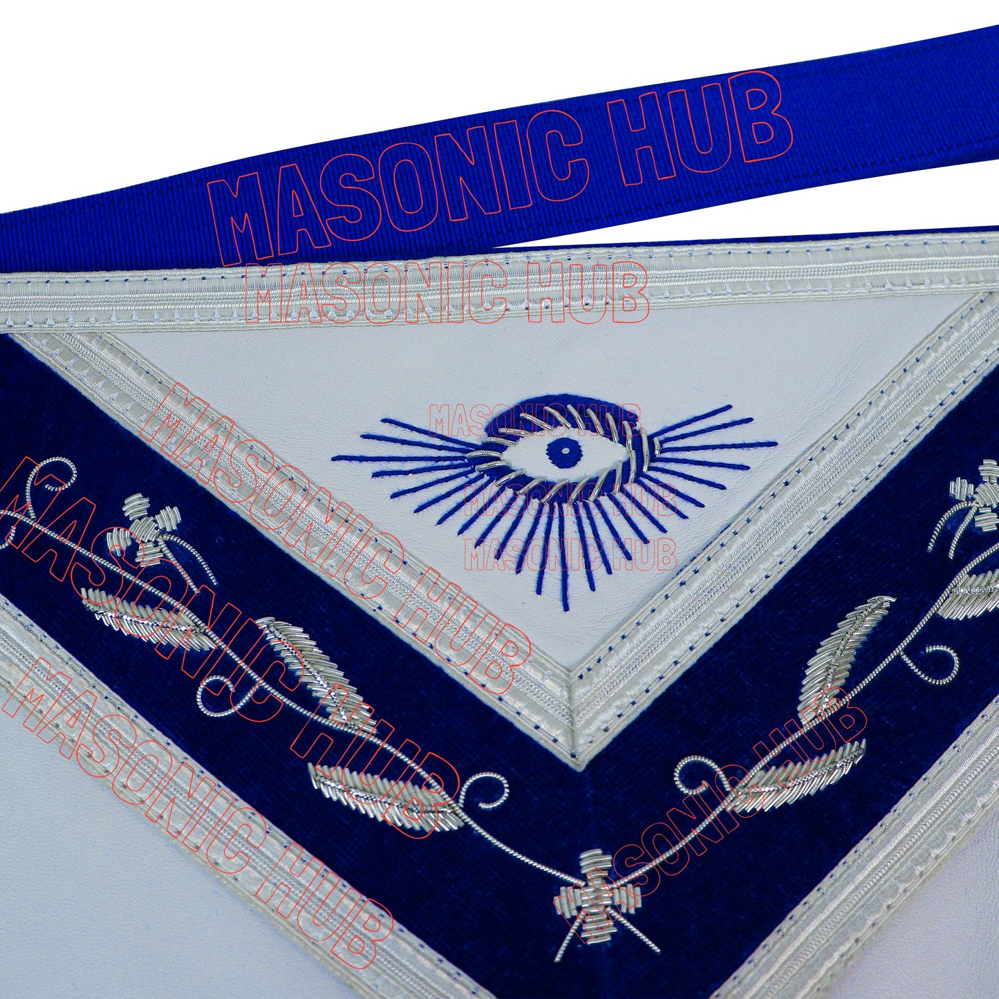 Master Mason Masonic Apron – Hand-Embroidered with Blue & White Border (100% Lambskin)
