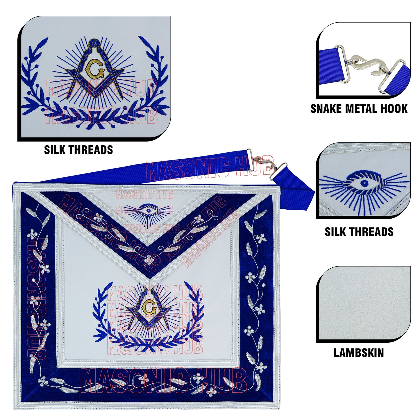 Master Mason Masonic Apron – Hand-Embroidered with Blue & White Border (100% Lambskin)