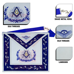 Master Mason Masonic Apron – Hand-Embroidered with Blue & White Border (100% Lambskin) Masonic Hub
