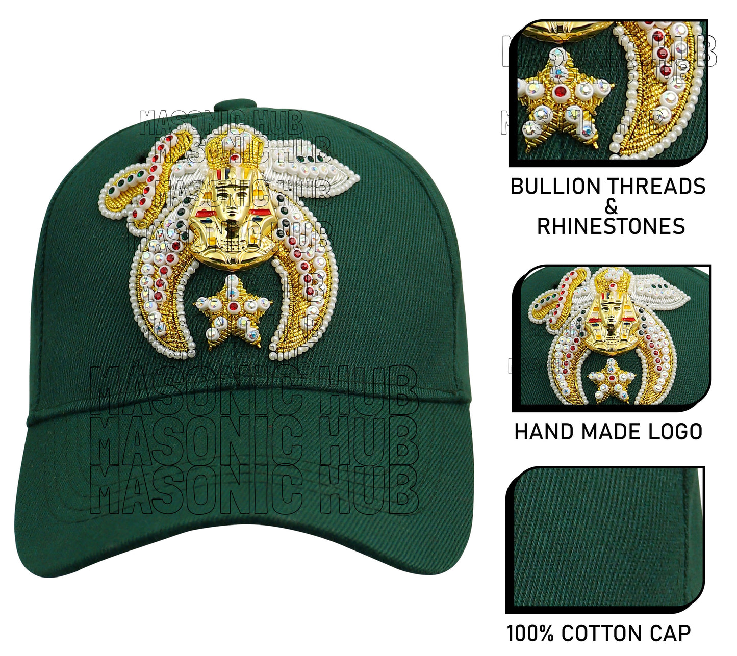 Masonic Gold Tassel Shriner Jewel Embroidered Green Baseball Cap - Handcrafted