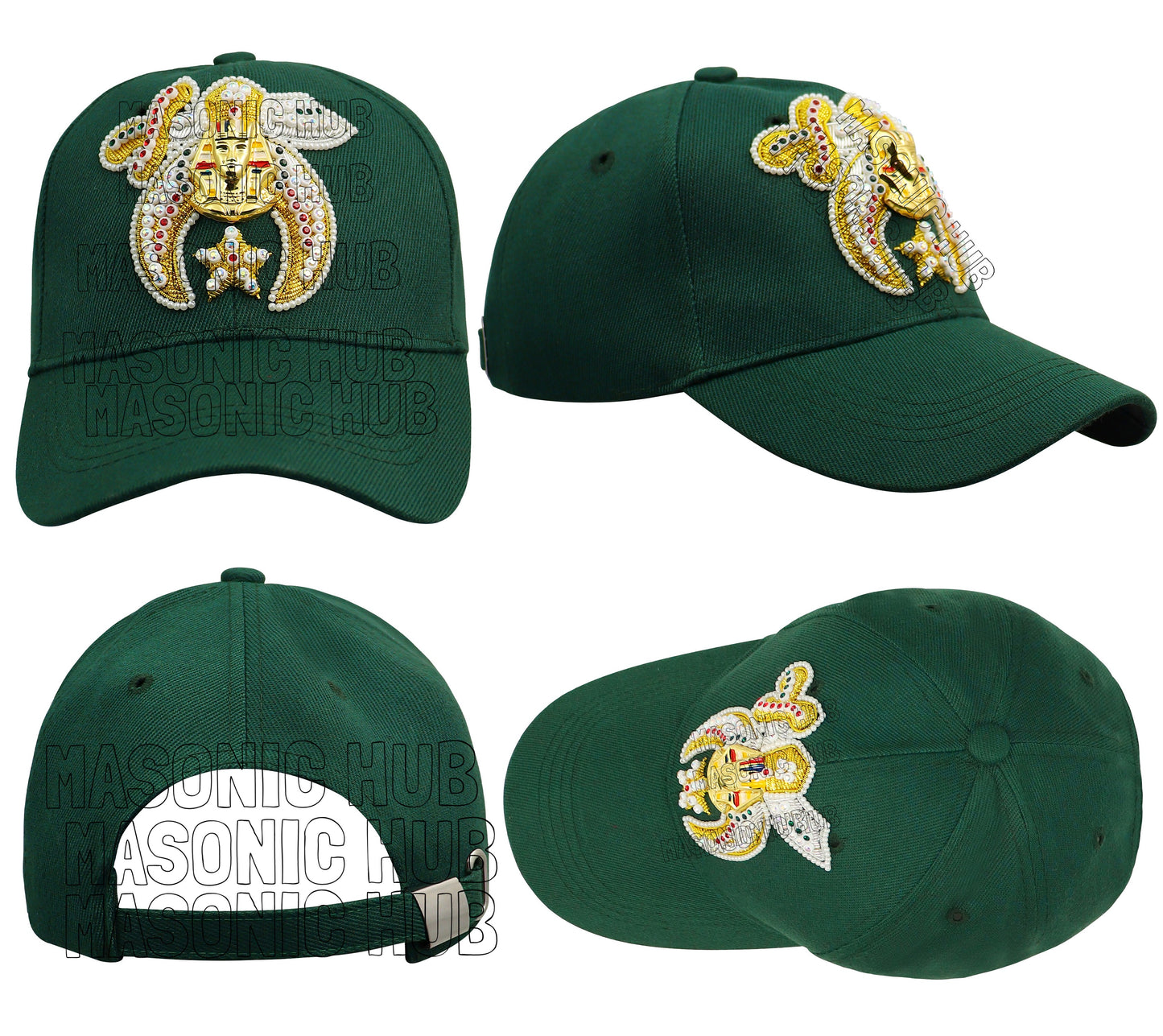Masonic Gold Tassel Shriner Jewel Embroidered Green Baseball Cap - Handcrafted
