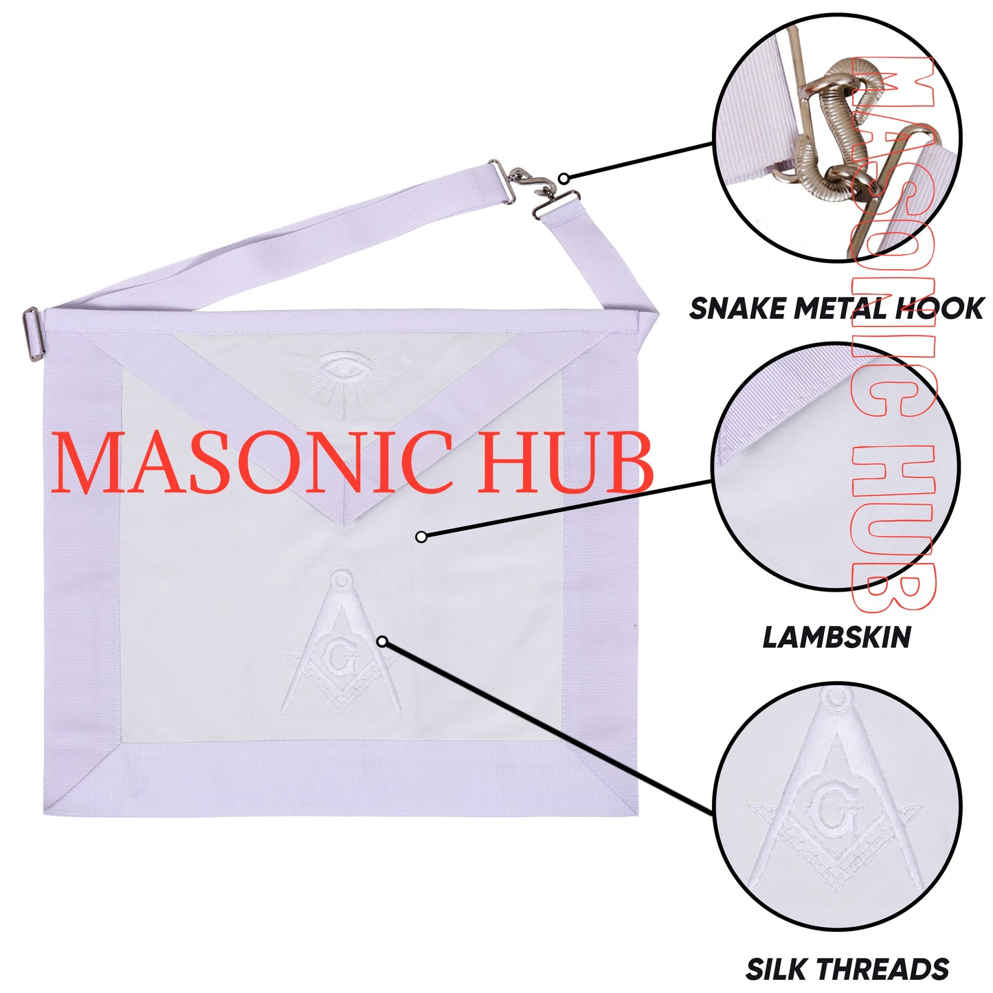 MASONIC ALL WHITE HAND EMBROIDERED MASTER MASON 100% LAMBSKIN APRON
