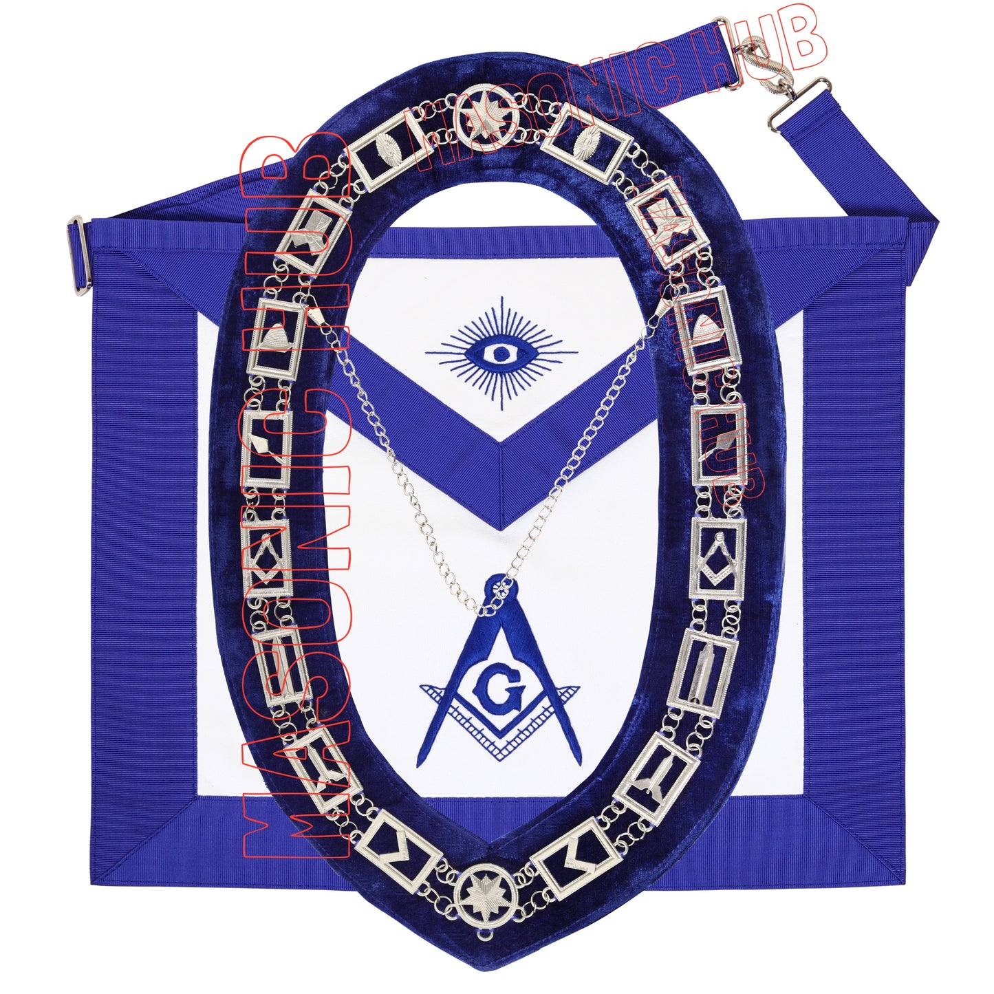 Masonic Blue Lodge Master Mason Apron, Chain Collar & Hand-Embroidered Gloves Set
