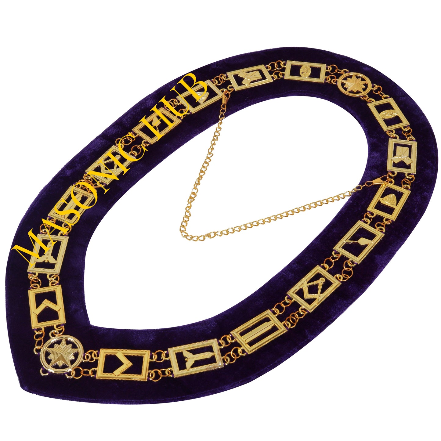 BLUE LODGE WORKING TOOLS CHAIN COLLAR PURPLE BACKING - GOLD PLATED