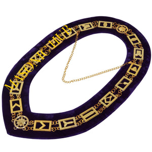 BLUE LODGE WORKING TOOLS CHAIN COLLAR PURPLE BACKING - GOLD PLATED Masonic Hub