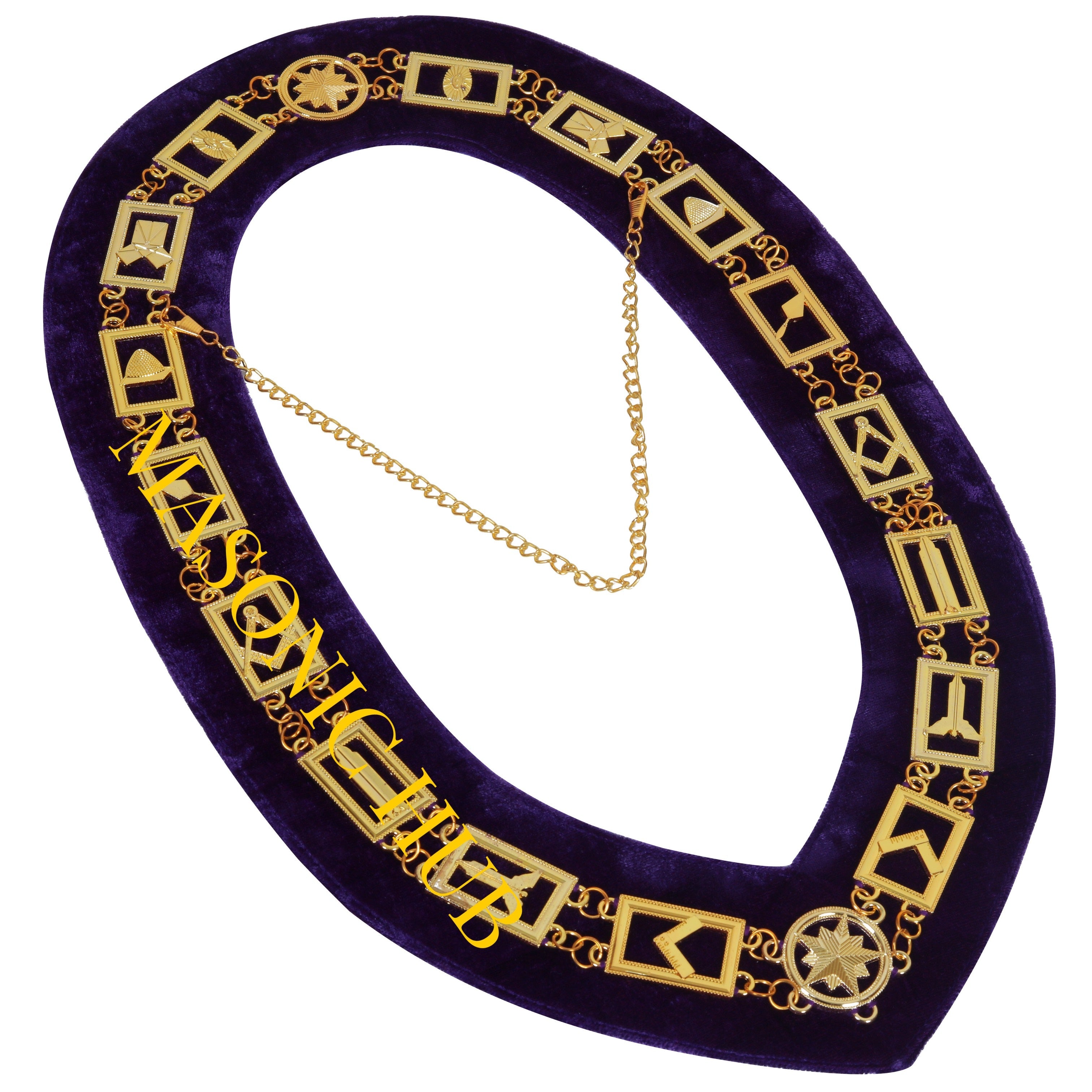 BLUE LODGE WORKING TOOLS CHAIN COLLAR PURPLE BACKING - GOLD PLATED Masonic Hub