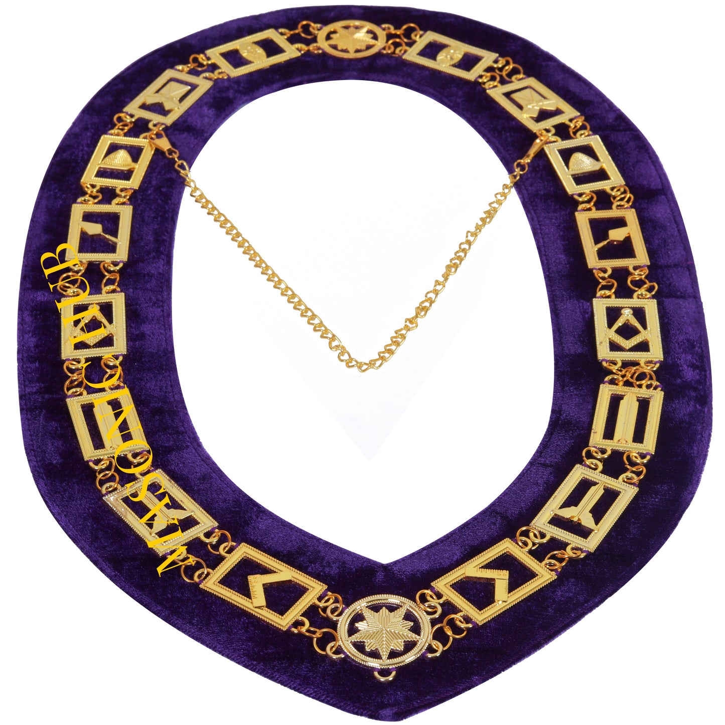 BLUE LODGE WORKING TOOLS CHAIN COLLAR PURPLE BACKING - GOLD PLATED