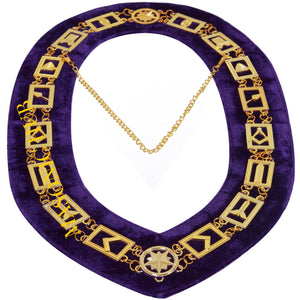 BLUE LODGE WORKING TOOLS CHAIN COLLAR PURPLE BACKING - GOLD PLATED Masonic Hub