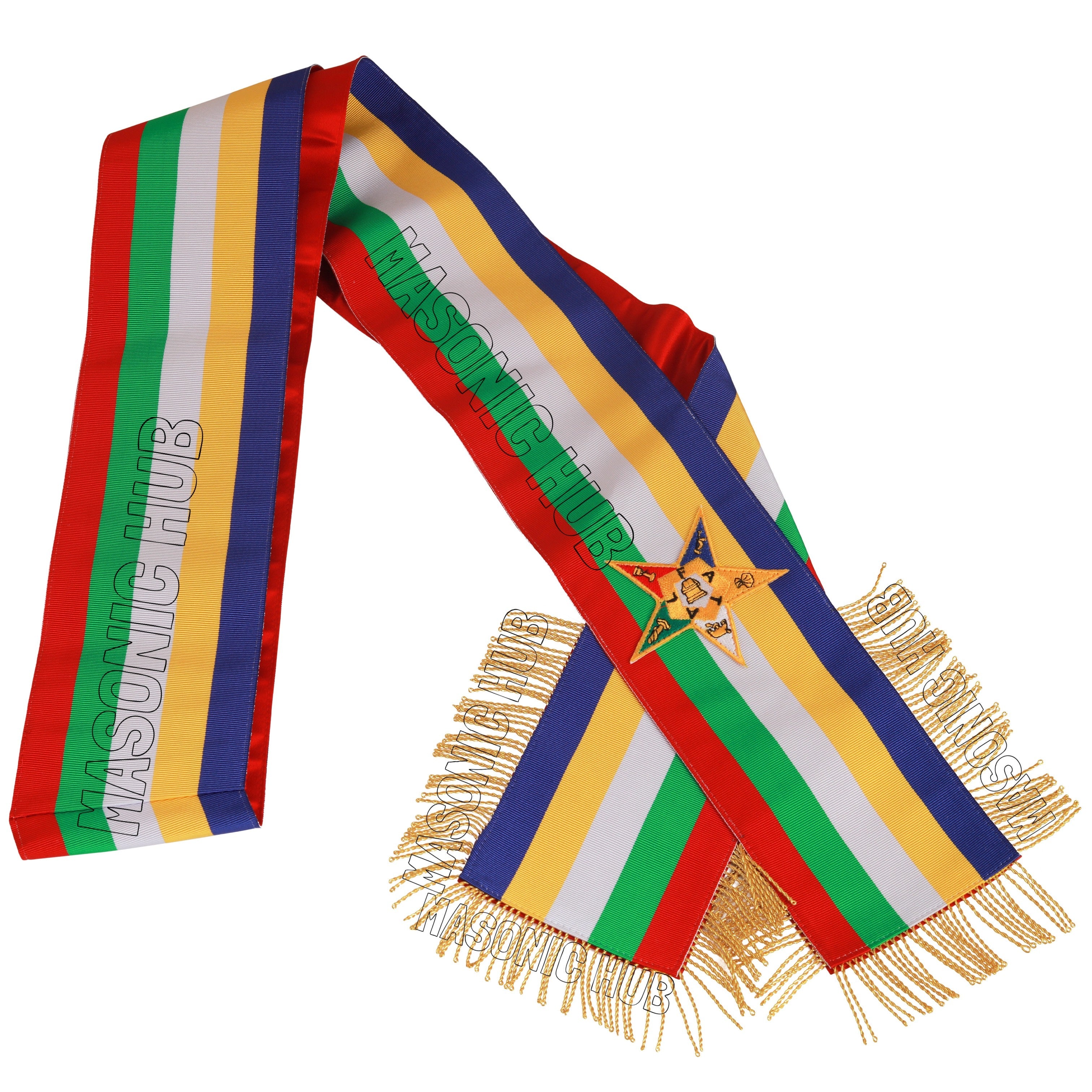Masonic Order of the Eastern Star (OES) Five-Color Sash with Red Lining & Gold Fringe Masonic Hub