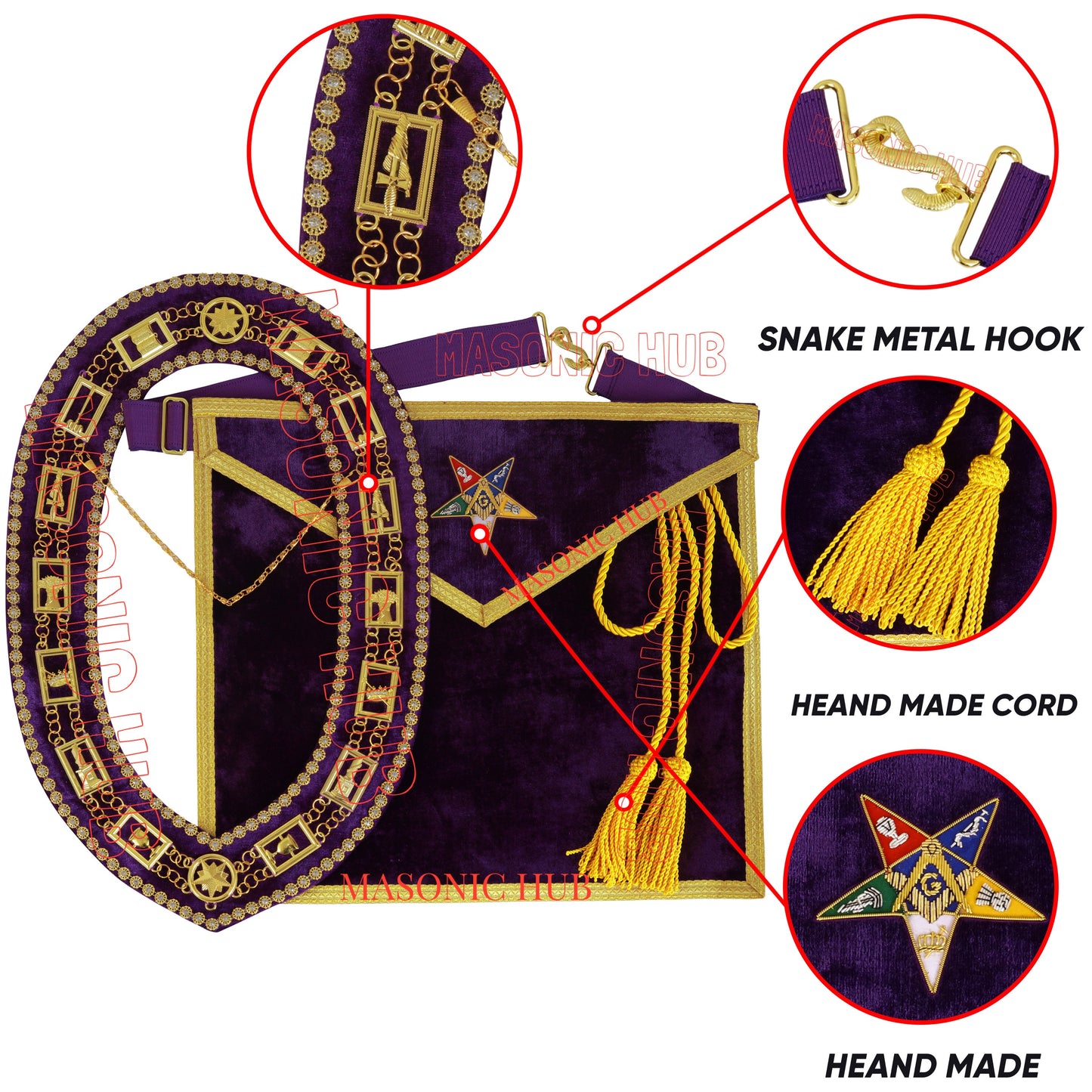 Handcraft Purple Velvet OES Worthy Patron Marton Masonic Apron with Collar Set