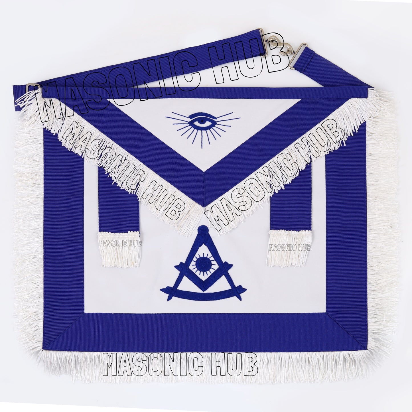 Masonic Past Master Apron – 100% Lambskin, Blue with White Fringe (Hand-Embroidered)