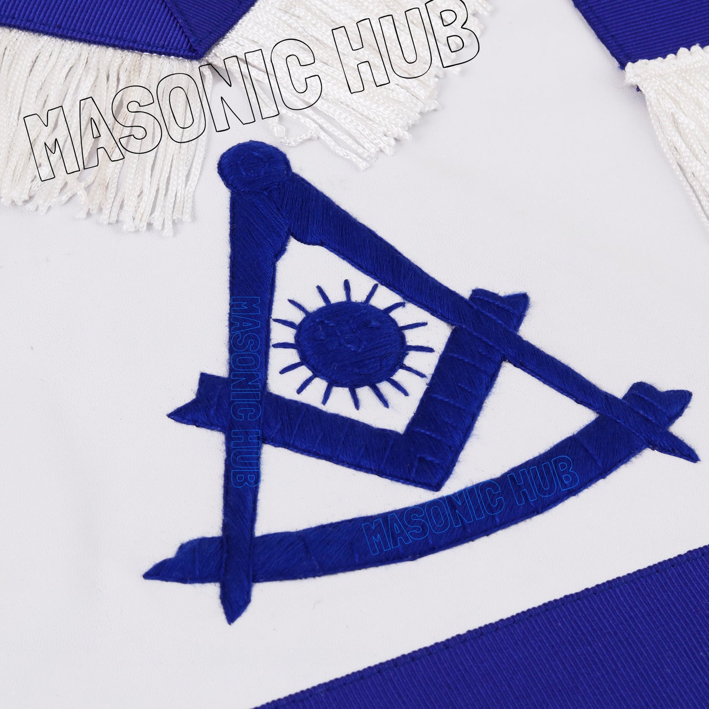 Masonic Past Master Apron – 100% Lambskin, Blue with White Fringe (Hand-Embroidered)