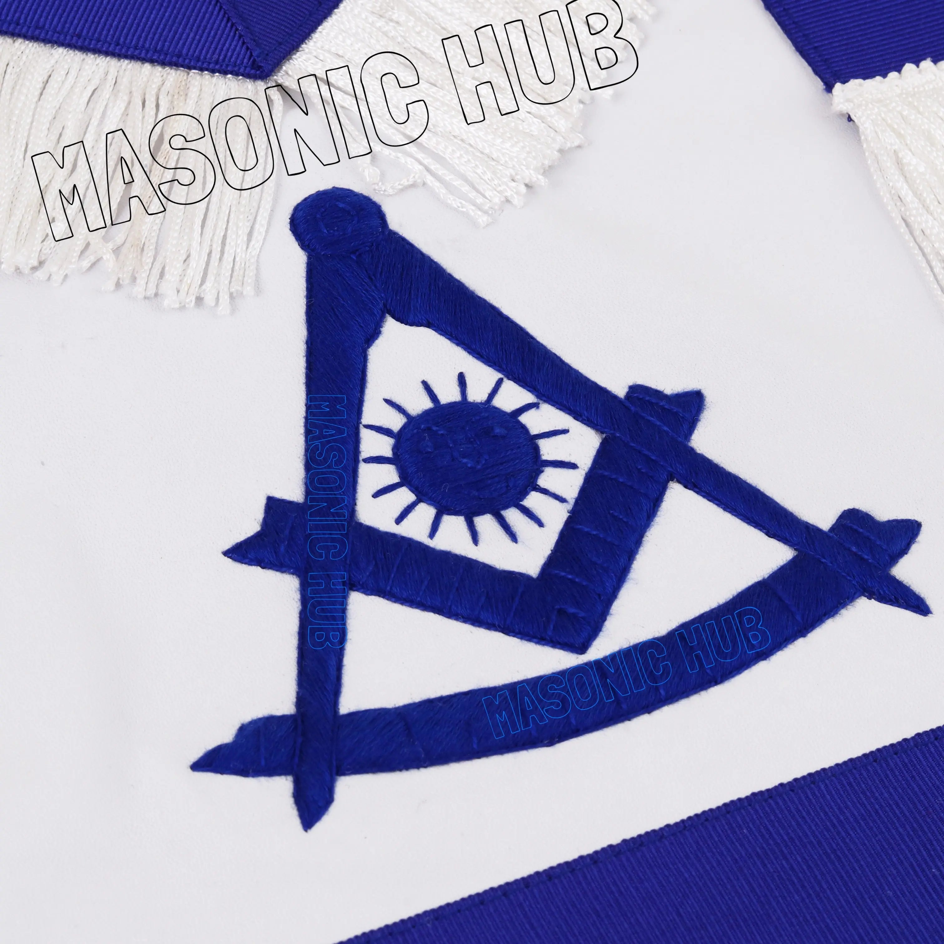 Masonic Past Master Apron – 100% Lambskin, Blue with White Fringe (Hand-Embroidered) Masonic Hub