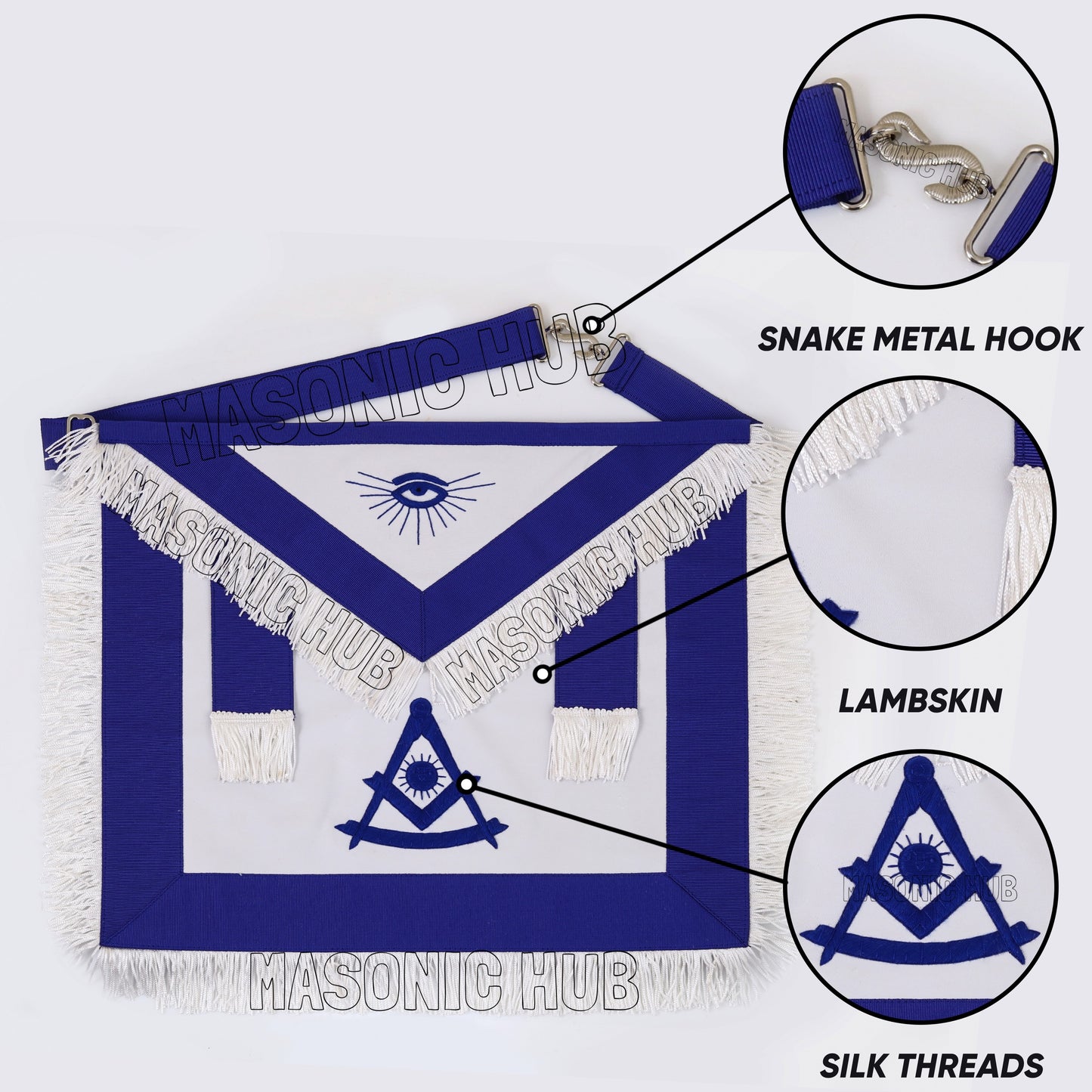 Masonic Past Master Apron – 100% Lambskin, Blue with White Fringe (Hand-Embroidered)